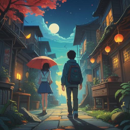 A surreal scene depicting a chance encounter with someone who closely resembles a friend, a mysterious atmosphere, contrasting emotions of familiarity and curiosity, symbolic elements representing luck like four-leaf clovers or dice, vibrant colors to highlight the unexpected nature of the meeting, dreamlike background, focused expression on the character's face, 4k