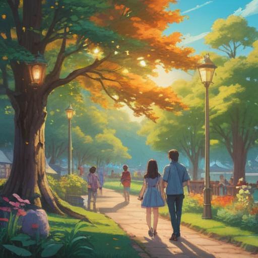 A serene and uplifting scene, people joyfully meeting in a park, vibrant energy surrounding them, gentle sunlight filtering through the trees, a feeling of connection and harmony, ethereal vibes, symbols of positivity in the background, peaceful atmosphere, 4k