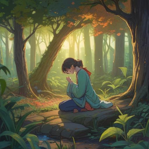 A serene illustration of a person bowing respectfully in a tranquil setting, gentle light filtering through trees, ethereal glow surrounding the figure, symbols of positivity and spiritual energy in the air, harmonious colors, peaceful atmosphere, emphasizing connection and respect, 4k