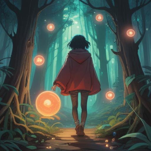 A mysterious figure standing in an ethereal forest, surrounded by glowing orbs, intense gaze from unseen observers, an aura of spirituality, reflections of ancient wisdom in the environment, soft light filtering through the trees, intriguing atmosphere, 4k