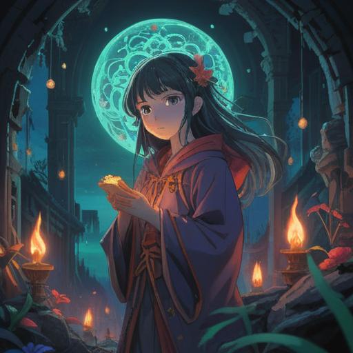 A mysterious and ethereal scene, featuring a figure with unknown scars illuminated by soft, glowing light, surrounded by symbols representing spiritual awakening, lush nature background with vibrant colors, a sense of introspection and healing, captivating and surreal atmosphere, 4k