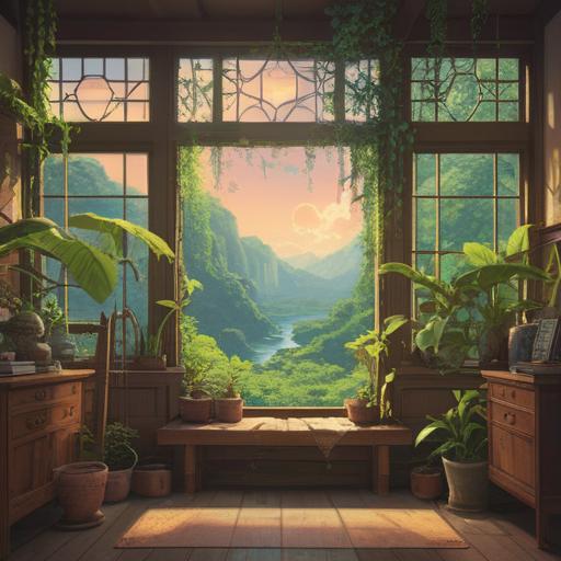 A serene and inspiring lifestyle scene, showcasing meditation and mindfulness practices, bright natural light streaming through a window, plants symbolizing growth and vitality, a cozy reading nook with uplifting books, balanced diet with fresh fruits and vegetables, gentle home decor promoting positivity, harmonious energy flow, 4k