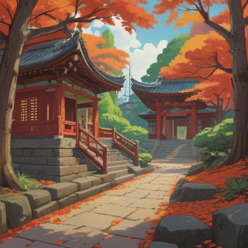 A serene portrayal of Tanzan Shrine, surrounded by lush greenery and vibrant autumn leaves, symbolizing spiritual connection and tranquility, sacred architecture reflecting traditional Japanese design, a path leading to the shrine evoking a sense of journey and discovery, soft light filtering through the trees, inviting atmosphere, deep cultural significance, 4k