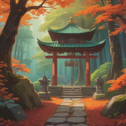 A serene and mystical illustration of Tanzan Shrine, surrounded by lush forests and vibrant autumn leaves, ethereal light filtering through the trees, sacred atmosphere, people meditating and reflecting, spiritual symbols subtly integrated, deep connection to nature, tranquil setting, 4k