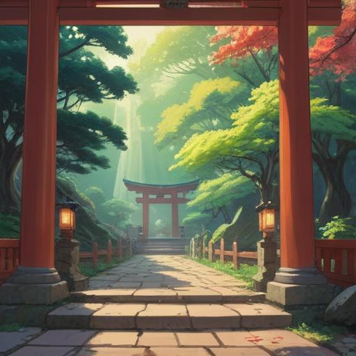 A serene scene at Tanzan Shrine, capturing subtle spiritual signs like fluttering leaves, gentle whispers of wind, soft light filtering through trees, a tranquil atmosphere, visitors in contemplation, ancient stone paths, rich greenery, symbolic offerings, mystical presence, 4k