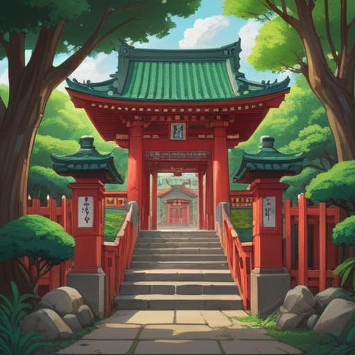 A serene illustration of the Tanzan Jinja Shrine, surrounded by lush greenery, traditional Japanese architecture, vibrant red torii gates, people holding lucky charms, capturing a sense of spirituality and tranquility, detailed textures of stone and wood, soft sunlight filtering through the trees, peaceful atmosphere, 4k