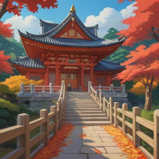 A serene evening at Tanzan Shrine, vibrant autumn leaves falling, a peaceful path leading to the shrine, a visitor reflecting on the beauty of nature, warm sunset lighting, traditional architecture, tranquil atmosphere, captured moments of gratitude, a sense of closure and fulfillment, 4k