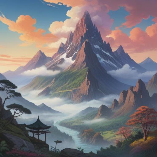 A serene mountain landscape, 男体山 towering majestically, mystical fog enveloping the peak, tranquil reflections in a nearby lake, spiritual symbols integrated into the scenery, lush greenery surrounding the base, calming atmosphere, soft light filtering through the trees, 4k