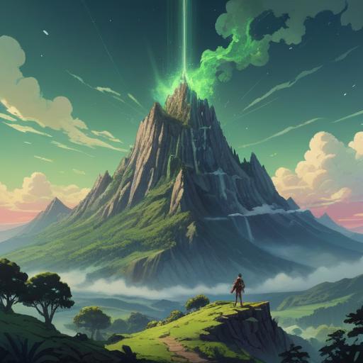 A serene landscape depicting Mount Male Body, mystical energy emanating from the peak, spiritual symbols in the sky, lush green surroundings, flowing river at the base, gentle sunlight filtering through clouds, inhabitants meditating nearby, tranquil ambiance, harmony with nature, 4k