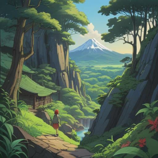 A captivating scene at Mt. Otoko, depicting a traveler discovering a lucky charm, surrounded by lush greenery and serene nature, gentle sunlight filtering through the trees, a sense of tranquility and wonder, rich textures of the rocks and plants, detailed depiction of the lucky charm, vibrant colors, peaceful atmosphere, magical ambiance, 4k