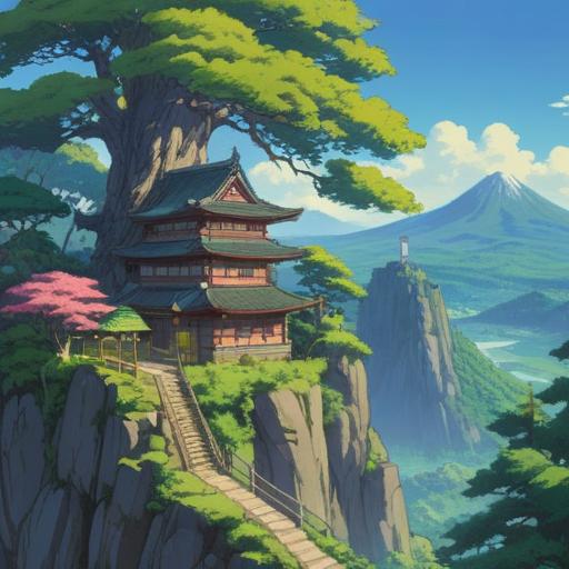 A serene landscape depicting the final visit to Mount Nantai, peaceful nature scene, lush green forests, a clear blue sky, inviting pathway leading to the summit, soft sunlight casting gentle shadows, sense of accomplishment, breathtaking mountain views, tranquil atmosphere, 4k