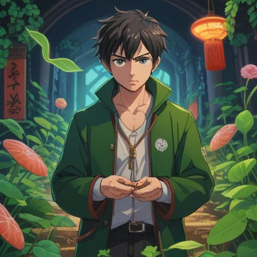 A dynamic and motivational scene, a confident man in stylish clothing, surrounded by symbols of good fortune like four-leaf clovers and lucky charms, bright and vibrant colors, an inspiring urban backdrop, showcasing success and charm, emphasizing growth and confidence, 4k