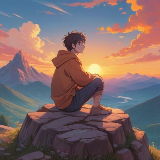 A serene scene depicting a man in deep meditation, sitting cross-legged on a peaceful mountain top, soft sunrise light illuminating his face, nature surrounding him with lush greenery and gentle streams, reflecting tranquility and inner strength, a journal beside him symbolizing self-reflection, promoting a calm and centered mindset, 4k