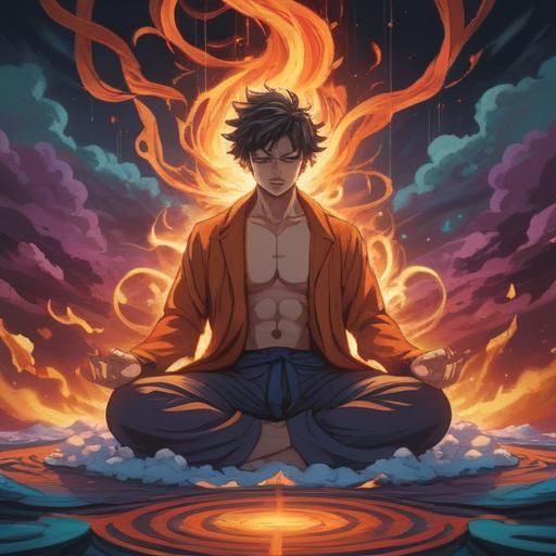 A powerful spiritual illustration depicting anger towards men transforming into positive signs, a man meditating amidst swirling energy, vibrant colors representing emotion and enlightenment, symbols of growth and transformation surrounding him, serene background with soft light, a sense of calm after turmoil, 4k