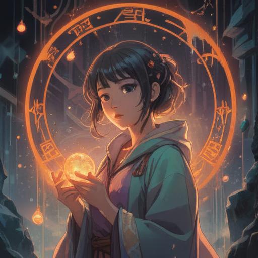 A mystical and introspective scene, a woman surrounded by glowing symbols, aura of tension and frustration, ethereal mist enveloping the atmosphere, a subtle representation of anger transforming into spiritual insight, soft light illuminating her contemplative expression, nature in the background reflecting emotional turmoil, vibrant colors symbolizing energy flow, deep connection to the universe, 4k