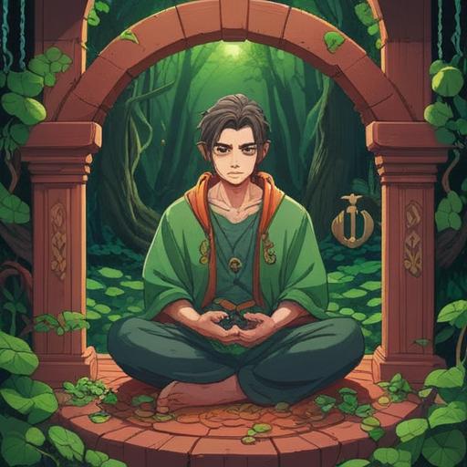 A serene scene depicting a man meditating peacefully, surrounded by vibrant lucky charms like shamrocks, horseshoes, and coins, an aura of calm radiating from him, symbolic representations of overcoming anger, a gentle breeze rustling through the leaves, soft sunlight filtering through the trees, harmonious colors, tranquil atmosphere, 4k