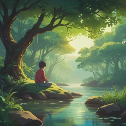 A serene and tranquil landscape, a peaceful person meditating by a calm river, lush greenery surrounding, sunlight filtering through the trees, a sense of harmony, gentle ripples on the water, soft gradient sky, soothing color palette, embodying mindfulness, 4k