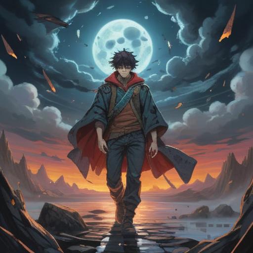 A spiritual illustration depicting a man surrounded by dark clouds, symbols of bad luck floating around, broken mirrors reflecting negative energy, ominous shadows looming, a sense of foreboding, mystical elements like tarot cards, a forlorn expression on his face, contrasting bright light in the distance, 4k