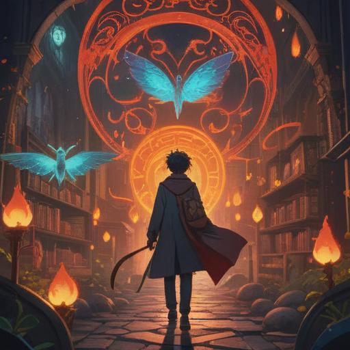 A mystical scene depicting a person surrounded by vibrant, glowing symbols representing good omens, ethereal light illuminating the surroundings, a serene atmosphere filled with natural elements like trees and flowers, the character showing contemplation and hope, celestial objects in the sky, subtle connection to spirituality, harmony and balance, 4k