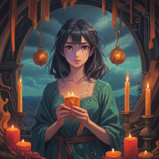 A mystical scene depicting a woman surrounded by dark clouds, broken mirrors reflecting distorted images, flickering candles casting eerie shadows, a crystal ball glowing softly, symbols of warning such as falling leaves and a crow in flight, an aura of tension and uncertainty, deep blues and purples, intriguing spiritual elements, 4k