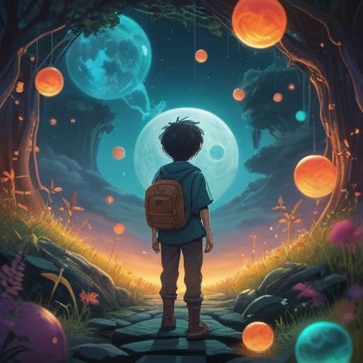 A mystical illustration depicting a serene landscape, a young boy surrounded by glowing orbs, conveying spiritual significance, soft ethereal light, symbols of masculinity in nature, harmony with the universe, vibrant colors, tranquil atmosphere, 4k