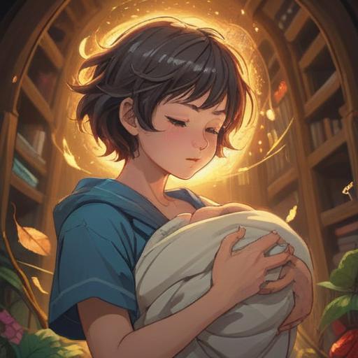 A serene and uplifting illustration, a newborn boy being cradled in his mother's arms, rays of light shining down, symbols of peace and prosperity surrounding them, soft pastel colors, a gentle and calming atmosphere, blossoms blooming in the background, a sense of hope and new beginnings, 4k