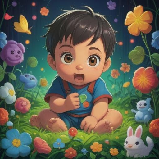 A joyful scene of a baby boy surrounded by lucky symbols, bright colors, cheerful atmosphere, motifs like four-leaf clovers, horseshoes, and shooting stars, playful expressions, warm and inviting nursery setting, delicate details, 4k