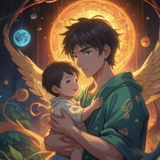 A spiritual representation of a boy's birth, radiant light surrounding a mother and child, ethereal symbols of growth and new beginnings, soft halo effects, serene expression on the mother’s face, gentle flow of energy, nature elements intertwined, vibrant colors, harmony and love, 4k