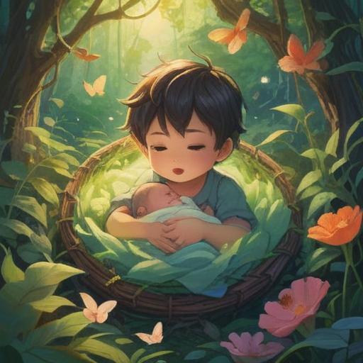 A serene and uplifting scene depicting a newborn boy surrounded by soft, ethereal light, nature elements symbolizing growth and new beginnings, guardian spirits watching over, a sense of peace and joy in the air, delicate floral arrangements, warm pastel colors, hint of celestial imagery, 4k