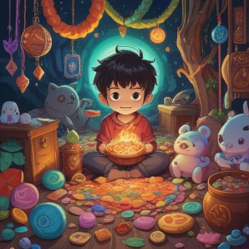 A joyful scene depicting a boy surrounded by lucky charms after his birth, various colorful talismans and amulets scattered around, symbols of happiness and prosperity, a soft light illuminating the setting, a warm and welcoming atmosphere, playful details in the background suggesting celebration and new beginnings, 4k