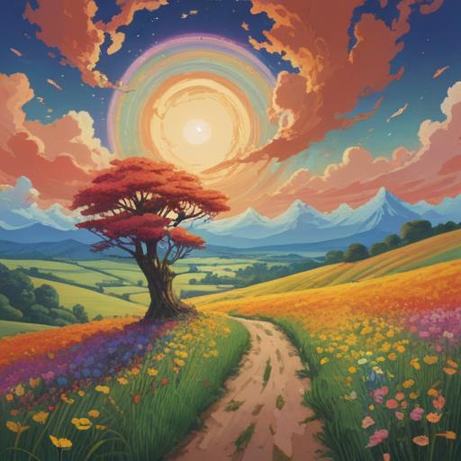 A serene landscape illustrating warm winds gently swirling through vibrant fields, spiritual symbolism represented by flowing clouds and fluttering leaves, ethereal light illuminating the scene, a sense of tranquility and connection to nature, 4k