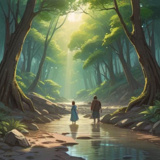 A serene landscape depicting a dry riverbed, sunlight filtering through trees, a sense of tranquility, symbolic representation of spiritual cleansing, people meditating nearby, soft earth tones, clear blue sky, nature’s resilience, hopeful atmosphere, 4k