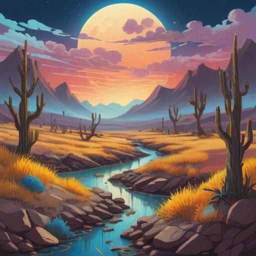 A spiritual warning sign caused by water shortages, surreal landscape with dried rivers, wilting plants, ethereal light, symbolic elements like drought-resistant flora, ominous clouds, a distant figure contemplating nature, introspective atmosphere, 4k