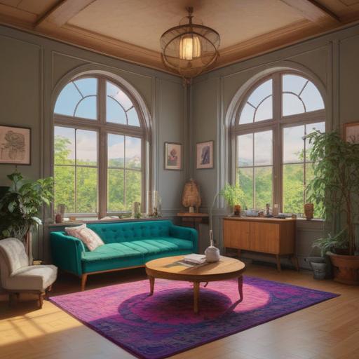 A serene meditation space, minimalistic design, clutter-free environment, soft natural light filtering through windows, symbols of spiritual growth, peaceful atmosphere, person engaged in mindful decluttering, harmonious connection with surroundings, warm colors, 4k