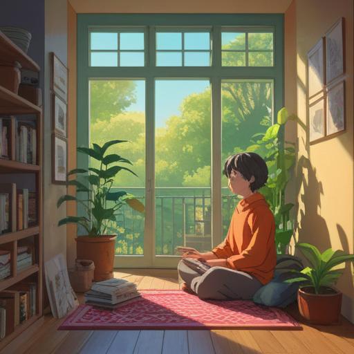 A serene and organized living space, minimalist design, sunlight filtering through windows, tranquil atmosphere, a person meditating surrounded by decluttered items, symbols of spiritual awakening, subtle light rays creating an ethereal glow, nature elements integrated, soft color palette, 4k