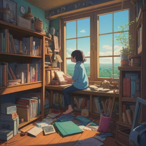 A serene illustration of a person engaged in decluttering, surrounded by items symbolizing memories, gentle light filtering through a window, ethereal aura representing spiritual signs, clutter transformed into clarity, peaceful expression on the person's face, inviting atmosphere, harmonious balance of space and energy, 4k