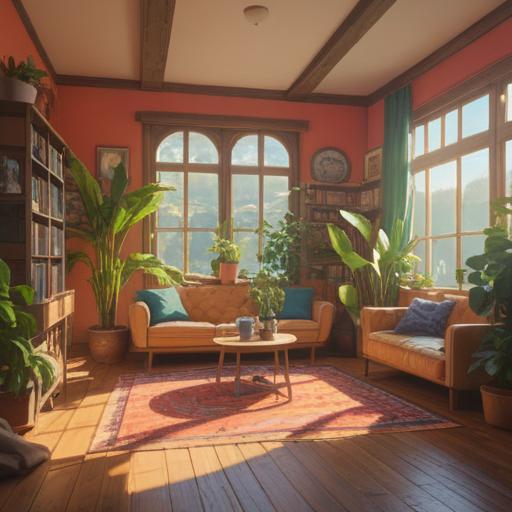 A cozy living room after decluttering, bright sunlight streaming through the windows, minimalistic decor, a cheerful potted plant on a clean table, inspiring self-help books arranged neatly, a calming atmosphere, elements symbolizing luck like a small lucky cat and a four-leaf clover, vibrant colors and inviting warm tones, 4k