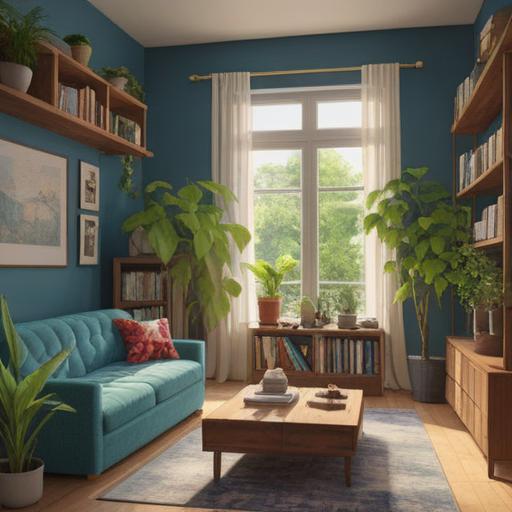 A serene living room after decluttering, minimalistic design, organized shelves, natural light streaming through a window, vibrant plants enhancing the atmosphere, feeling of tranquility and openness, functional furniture arrangement, motivational quotes displayed, inspiring environment, 4k