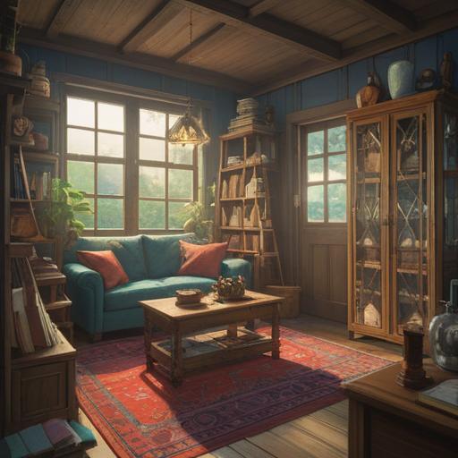 A lucky stone promoting decluttering, natural textures, vibrant colors, a serene room filled with organized items, sunlight streaming through the window, a sense of calm and clarity, minimalist decor, inviting atmosphere, positive energy, 4k