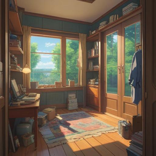 A serene and peaceful scene depicting the process of decluttering, a person happily organizing their belongings, sunlight streaming through a window, minimalistic surroundings, items sorted into keep, donate, and discard piles, sense of liberation and clarity, warm and inviting atmosphere, emotional and uplifting experience, 4k