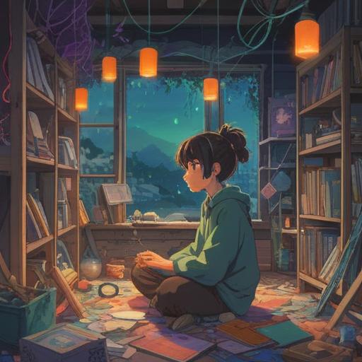A serene and calming illustration of a person surrounded by clutter, contemplating the act of letting go, soft light illuminating their face, ethereal aura representing spiritual clarity, delicate balance between chaos and tranquility, elements symbolizing freedom and renewal, peaceful environment, gentle color palette, 4k