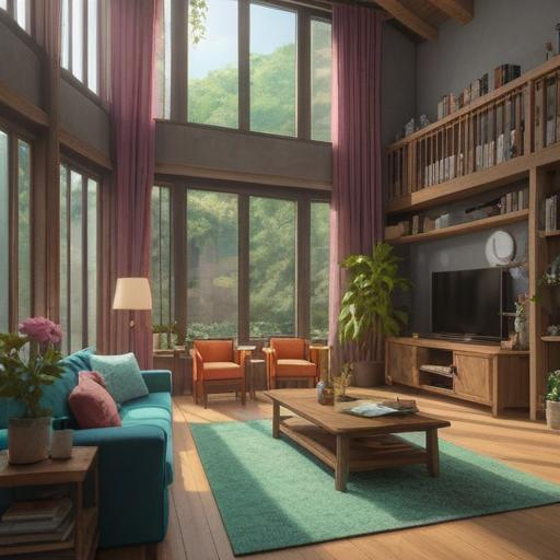 A serene living space after decluttering, natural light pouring in through large windows, a peaceful atmosphere, minimalistic furniture, various spiritual symbols subtly placed around, a sense of calm and clarity, inspiring quote on the wall, vibrant greenery outside, harmonious balance, inviting energy, 4k