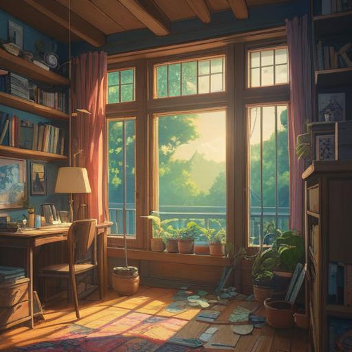 A spiritual illustration depicting the concept of decluttering, serene environment, sunlight streaming through an open window, floating objects representing negative energy being released, a person meditating in a peaceful space, light beams symbolizing positive energy, tranquil colors, harmonious composition, sense of liberation and clarity, 4k