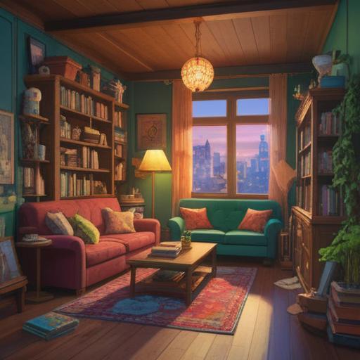 A serene and inspiring scene of a cozy living room, organized and decluttered space, lucky gem sparkling on a tidy shelf, plants and natural light creating a warm atmosphere, motivational quotes on the wall, inviting and peaceful vibe, minimalistic design, 4k