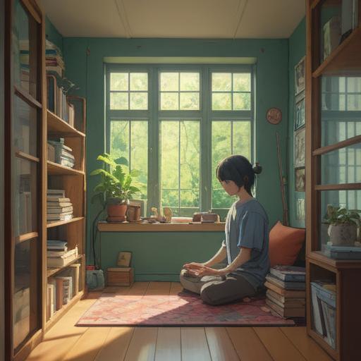 A serene and minimalist room, soft natural light filtering through a window, a person meditating among neatly organized belongings, tranquil atmosphere, cozy space reflecting simplicity and clarity, spiritual vibes of decluttering, peaceful energy enhancing focus, deep relaxation, harmonious environment, 4k