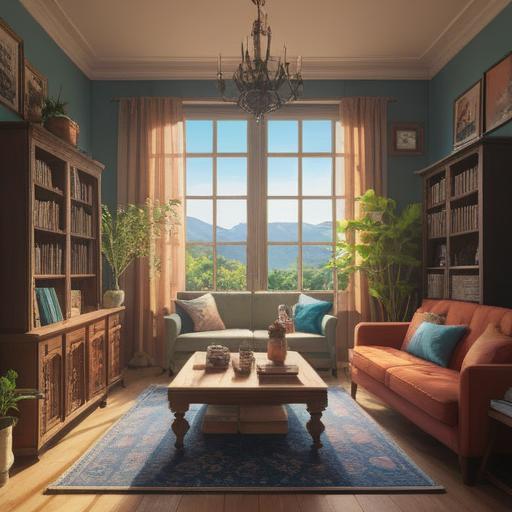 A serene and peaceful living room after decluttering, soft natural light streaming through the window, minimalist decor, subtle spiritual symbols subtly integrated, a cozy atmosphere filled with calm energy, hints of mindfulness and awareness in the surroundings, inviting space for meditation and reflection, 4k