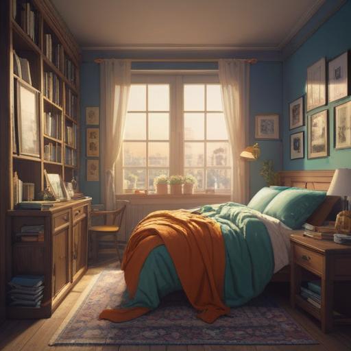 A serene room after decluttering, an inviting bed with fluffy blankets, a cozy atmosphere, soft sunlight filtering through the window, a lucky charm on the bedside table, a tranquil and relaxing vibe, peaceful and minimalistic design, 4k