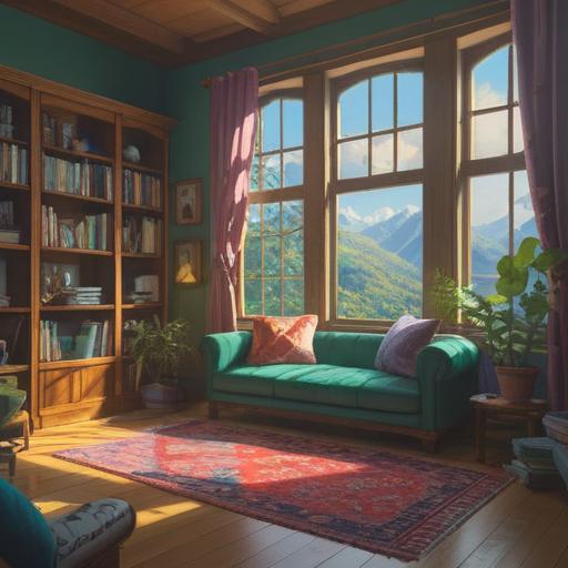 A serene scene of a peaceful room after decluttering, natural light streaming through the window, a cozy meditation corner with cushions, plants in the background symbolizing growth and balance, organized shelves filled with meaningful books, a calming atmosphere promoting mental clarity and relaxation, inviting textures and colors, 4k