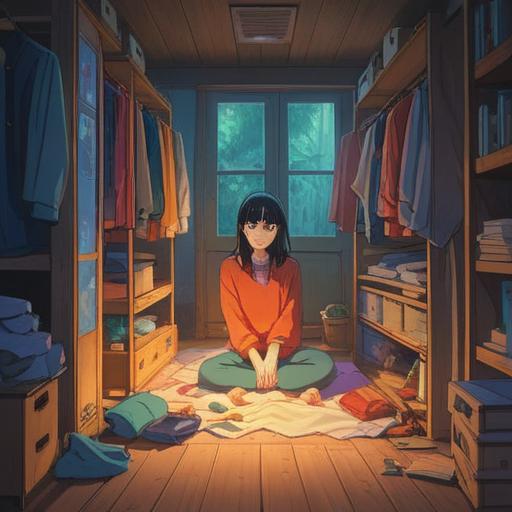 A serene and minimalist scene depicting a person peacefully decluttering their clothes, surrounded by soft, ethereal light, symbolic representations of clarity and spiritual growth, calming atmosphere, elements of nature around them, such as gentle plants and flowing water, emphasizing the transformative power of decluttering, harmonious colors, 4k