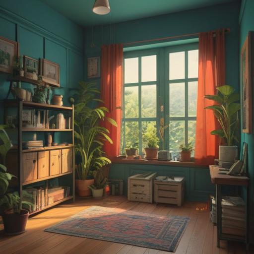 A serene and minimalistic living space, with light filtering through a large window, clutter-free surfaces, plants symbolizing growth, spiritual symbols subtly integrated, a sense of peace and clarity, a calming atmosphere, inviting natural light, harmonious color palette, 4k